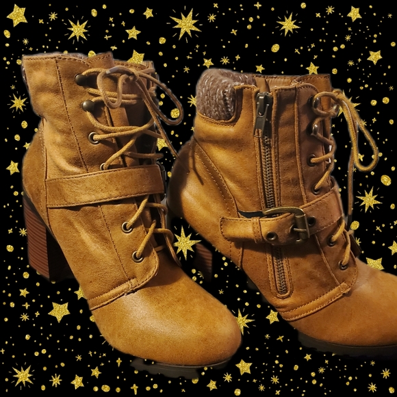 JUSTFAB Orquidia Cognac Chunky Heel Ankle Bootie - Picture 3 of 6